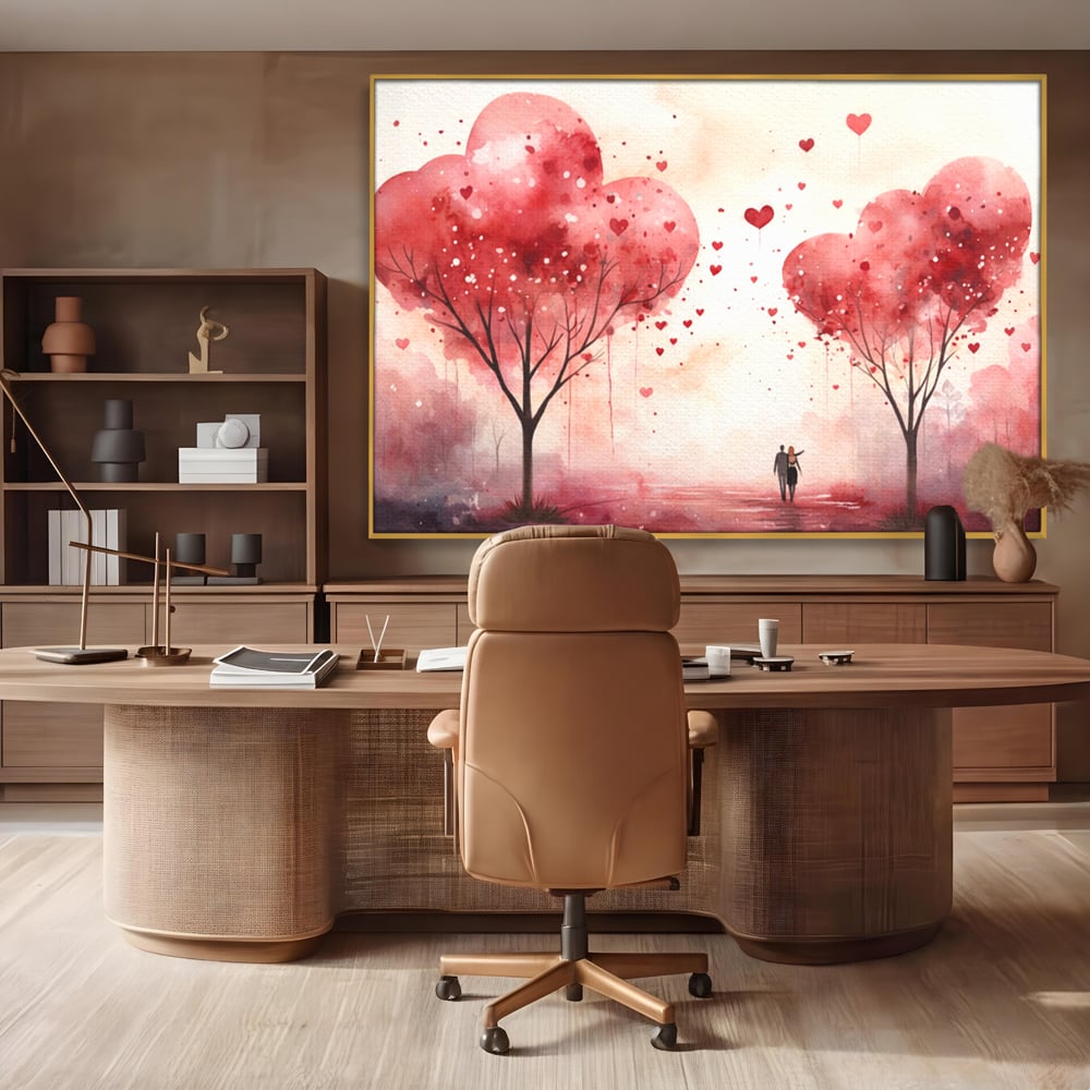 Tablou canvas cu tablou canvas cuplu sub copaci in forma de inima, in rama de aluminiu auriu, pe perete intr-un birou